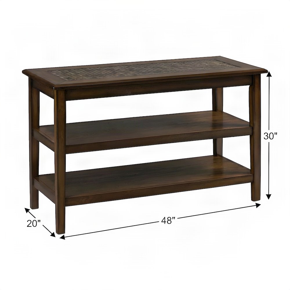 Tile-Inlay Veneer Sofa Table with Mosaic Top, Narrow Console, Brown
