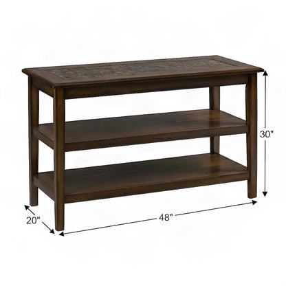 Tile-Inlay Veneer Sofa Table with Mosaic Top, Narrow Console, Brown