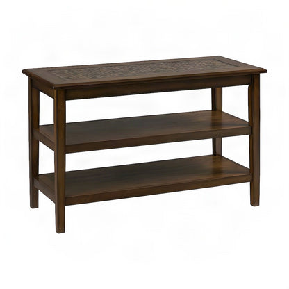 Tile-Inlay Veneer Sofa Table with Mosaic Top, Narrow Console, Brown