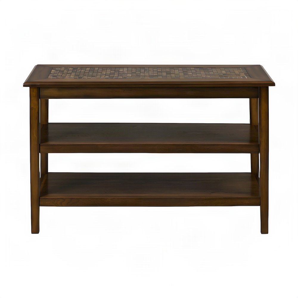 Tile-Inlay Veneer Sofa Table with Mosaic Top, Narrow Console, Brown