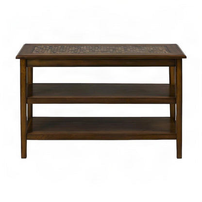 Tile-Inlay Veneer Sofa Table with Mosaic Top, Narrow Console, Brown