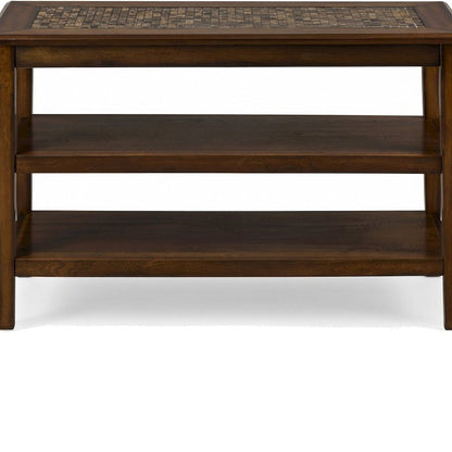 Tile-Inlay Veneer Sofa Table with Mosaic Top, Narrow Console, Brown