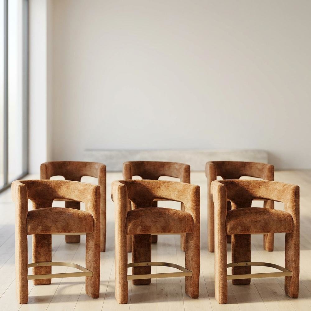 Modern Upholstered Counter Stool, Iron Frame, Rust, Set of 6