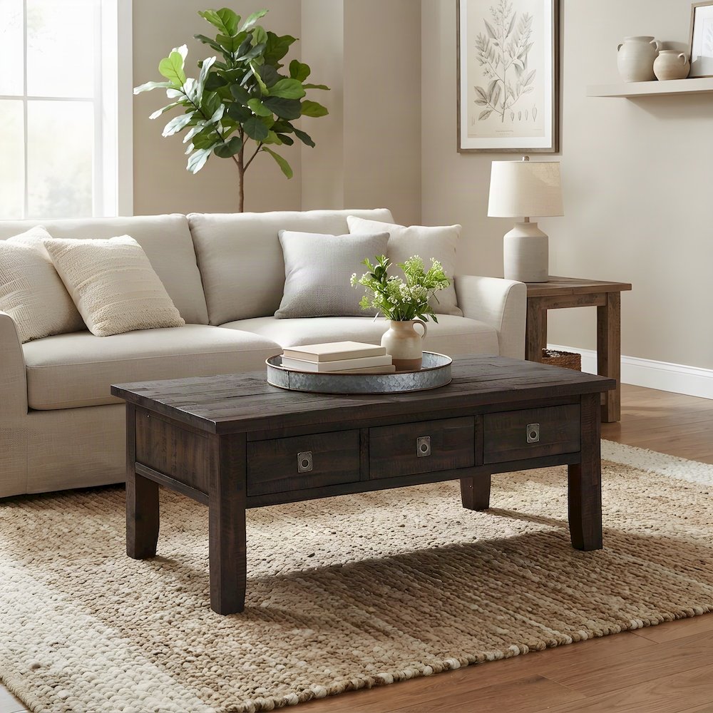 Acacia Veneer Coffee Table with 3 Drawers, Rectangle, Distressed Dark Brown