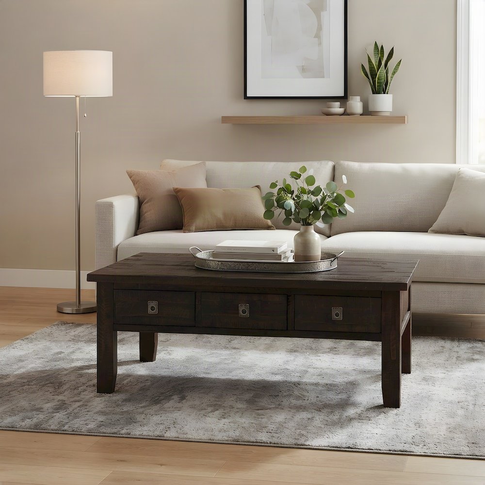 Acacia Veneer Coffee Table with 3 Drawers, Rectangle, Distressed Dark Brown