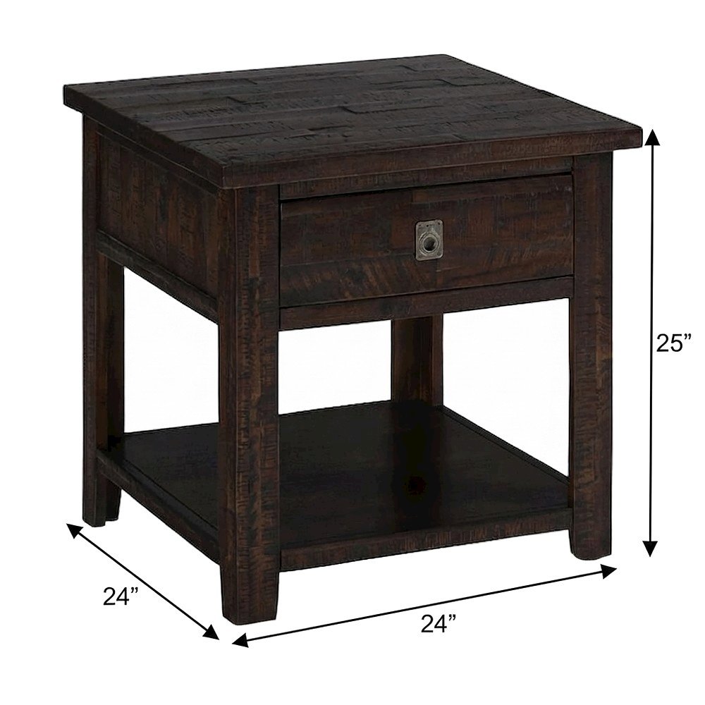 Acacia Veneer Distressed Square End Table with Drawer, Rustic, Deep Chocolate