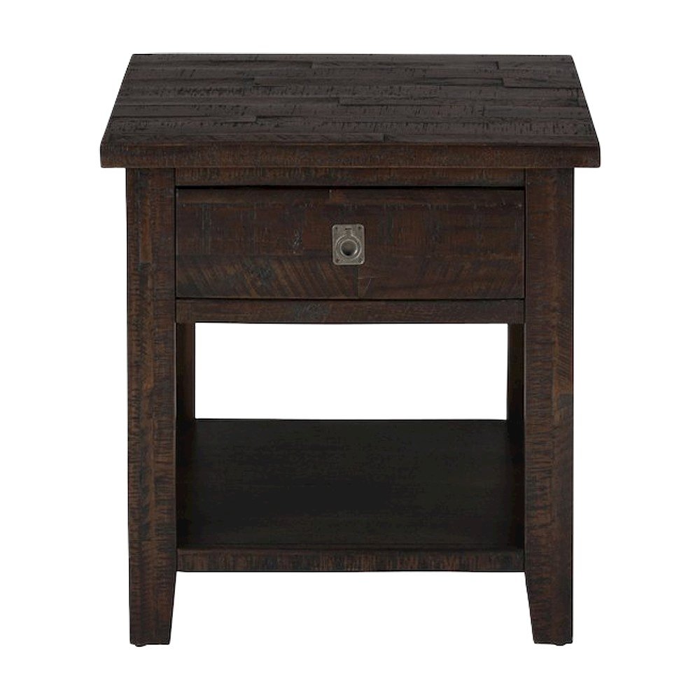 Acacia Veneer Distressed Square End Table with Drawer, Rustic, Deep Chocolate
