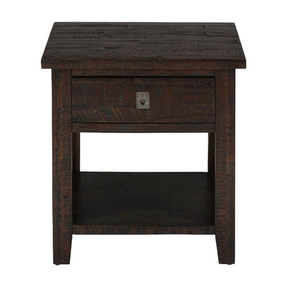 Acacia Veneer Distressed Square End Table with Drawer, Rustic, Deep Chocolate