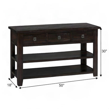Acacia Veneer Console Table with 3-Drawer Storage, Distressed Dark Brown