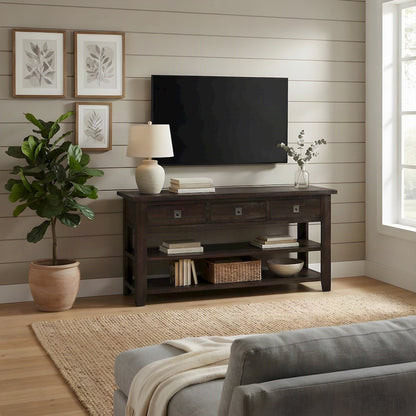 Acacia Veneer Console Table with 3-Drawer Storage, Distressed Dark Brown