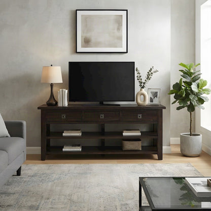 Acacia Veneer Console Table with 3-Drawer Storage, Distressed Dark Brown