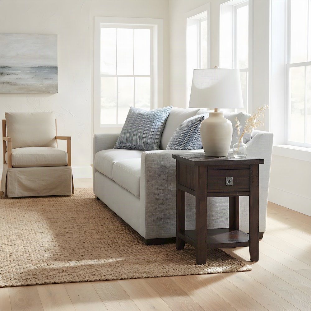 Distressed Acacia End Table with Drawer and Shelf, Deep Chocolate Finish