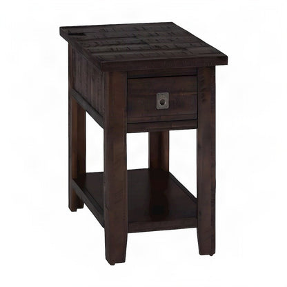 Distressed Acacia End Table with Drawer and Shelf, Deep Chocolate Finish