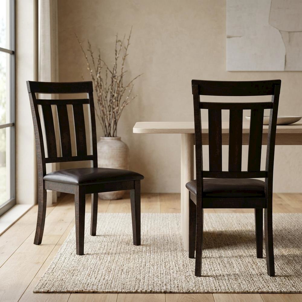 Solid Acacia Slat-Back Rustic Farmhouse Kitchen Dining Chair, Deep Chocolate, Set of 2