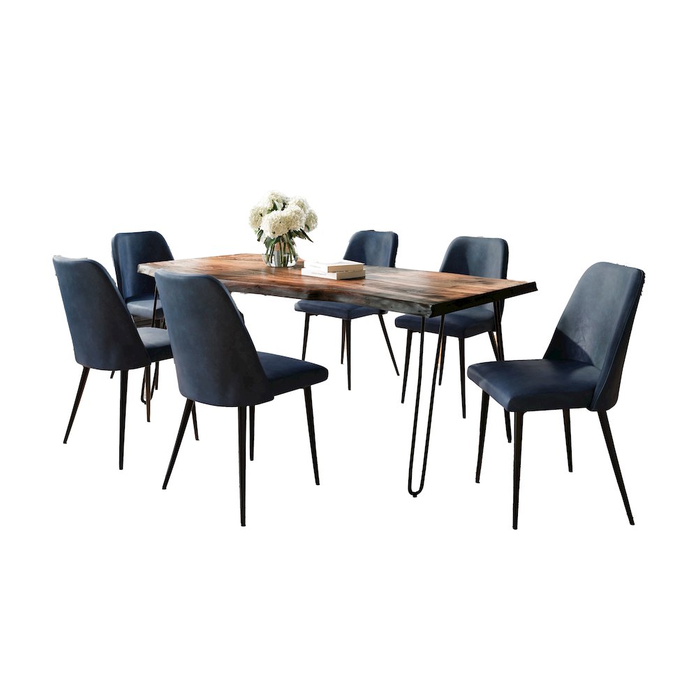 Seven Piece Solid Acacia Dining Set with Upholstered Mid-Century Modern Chairs