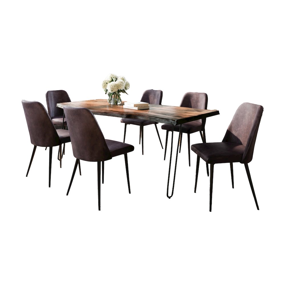 Seven Piece Solid Acacia Dining Set with Upholstered Mid-Century Modern Chairs