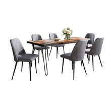 Seven Piece Solid Acacia Dining Set with Upholstered Mid-Century Modern Chairs