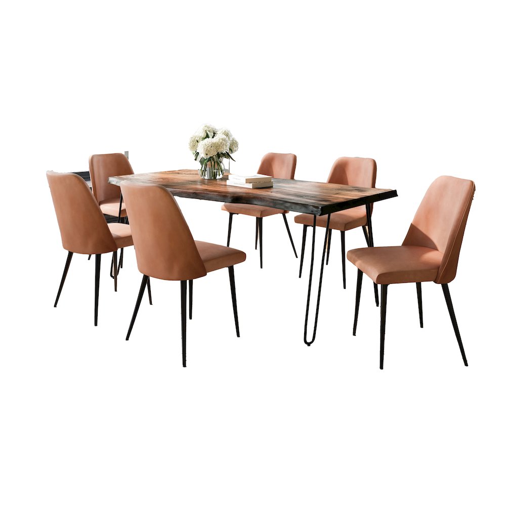 Seven Piece Solid Acacia Dining Set with Upholstered Mid-Century Modern Chairs