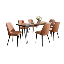 Seven Piece Solid Acacia Dining Set with Upholstered Mid-Century Modern Chairs