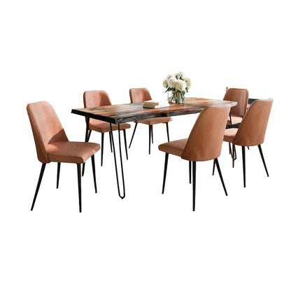 Seven Piece Solid Acacia Dining Set with Upholstered Mid-Century Modern Chairs