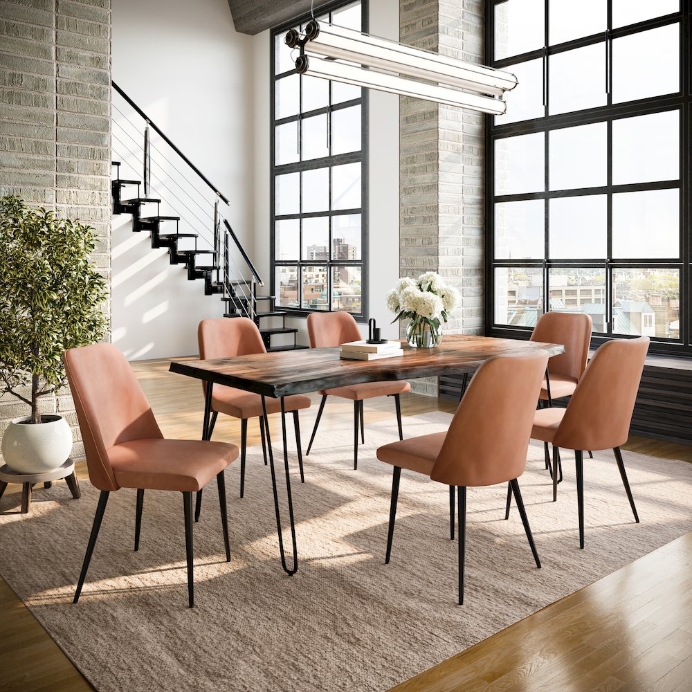 Seven Piece Solid Acacia Dining Set with Upholstered Mid-Century Modern Chairs