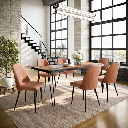 Seven Piece Solid Acacia Dining Set with Upholstered Mid-Century Modern Chairs