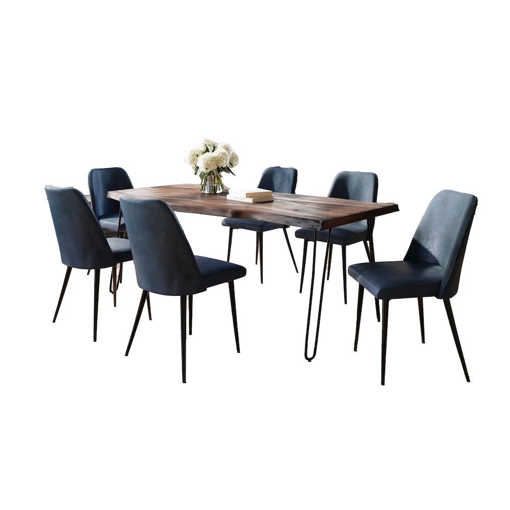 Seven Piece Solid Acacia Dining Set with Upholstered Mid-Century Modern Chairs