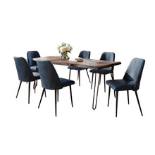 Seven Piece Solid Acacia Dining Set with Upholstered Mid-Century Modern Chairs