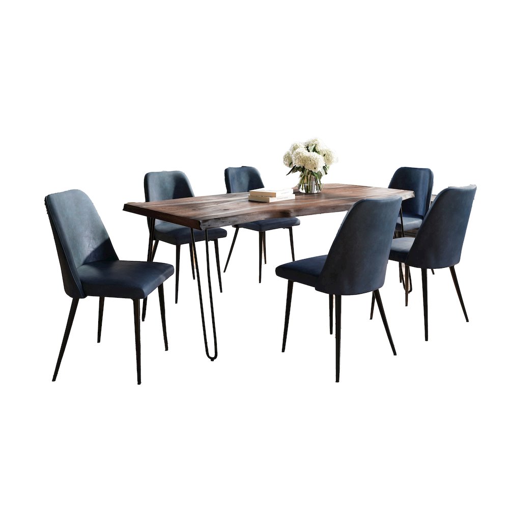 Seven Piece Solid Acacia Dining Set with Upholstered Mid-Century Modern Chairs