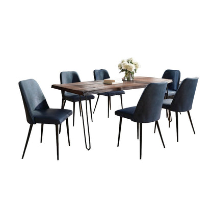 Seven Piece Solid Acacia Dining Set with Upholstered Mid-Century Modern Chairs