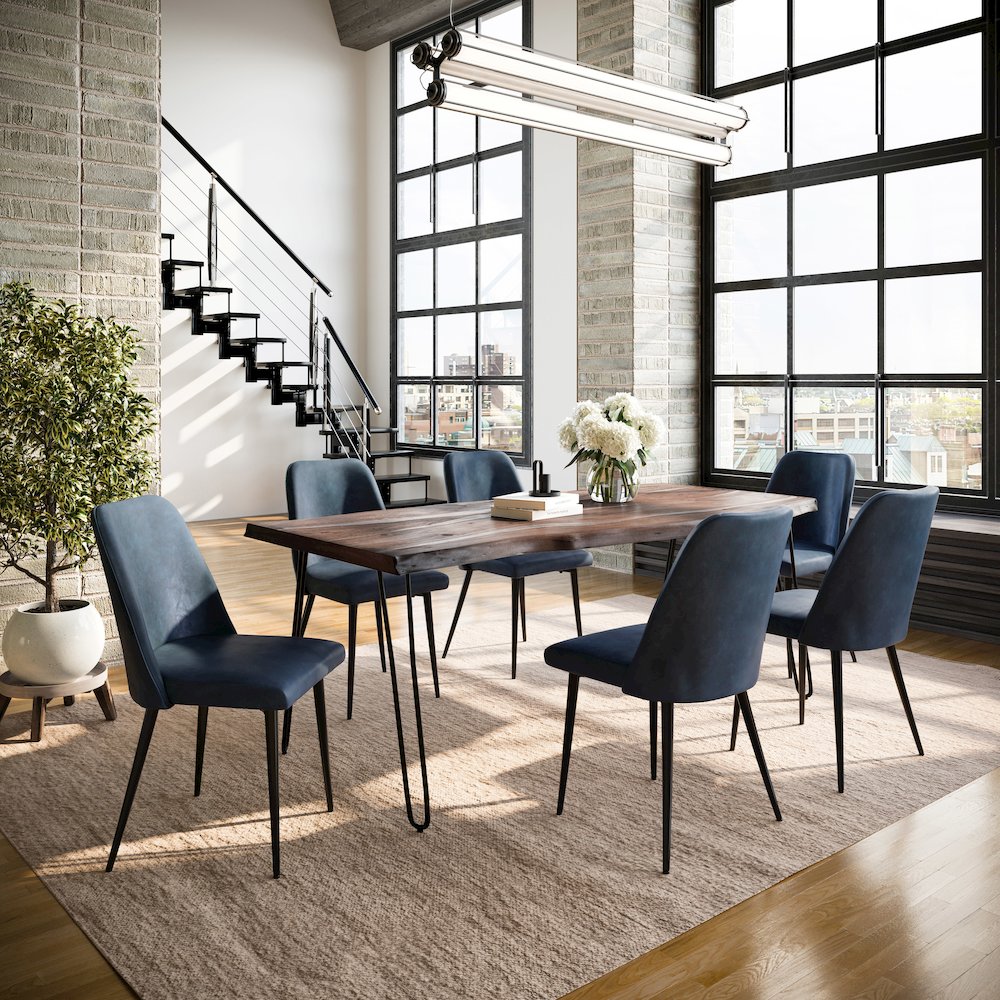 Seven Piece Solid Acacia Dining Set with Upholstered Mid-Century Modern Chairs