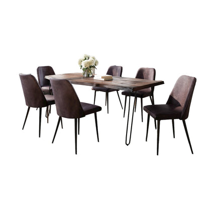 Seven Piece Solid Acacia Dining Set with Upholstered Mid-Century Modern Chairs