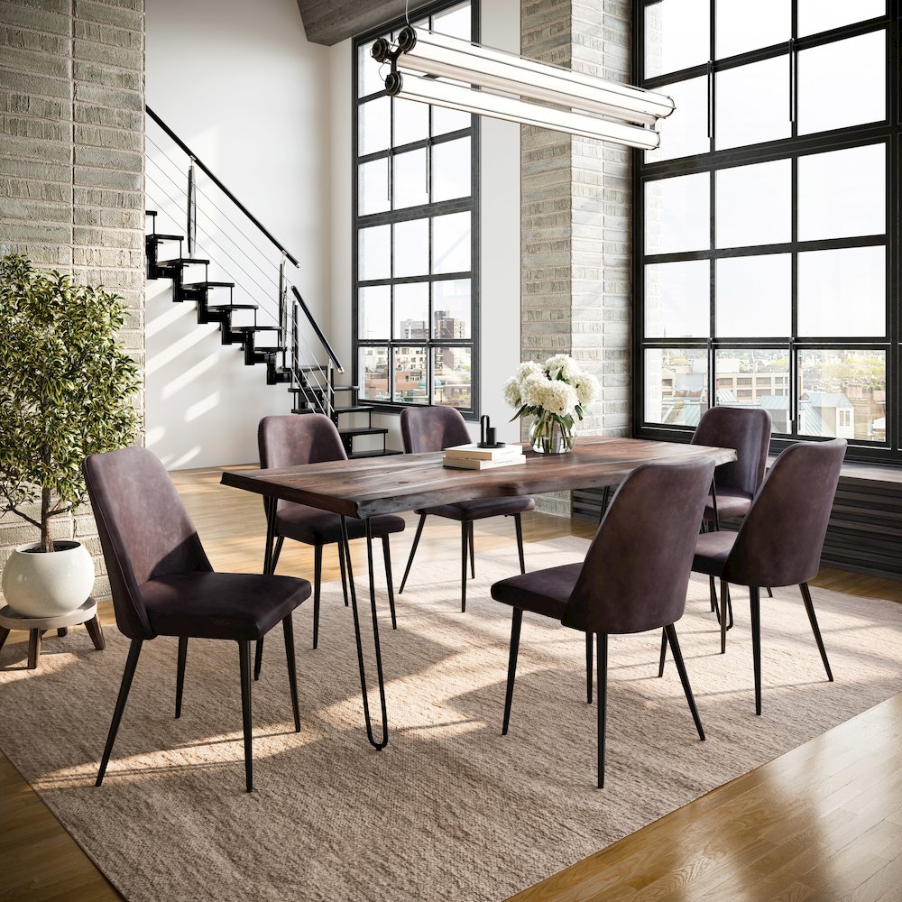 Seven Piece Solid Acacia Dining Set with Upholstered Mid-Century Modern Chairs