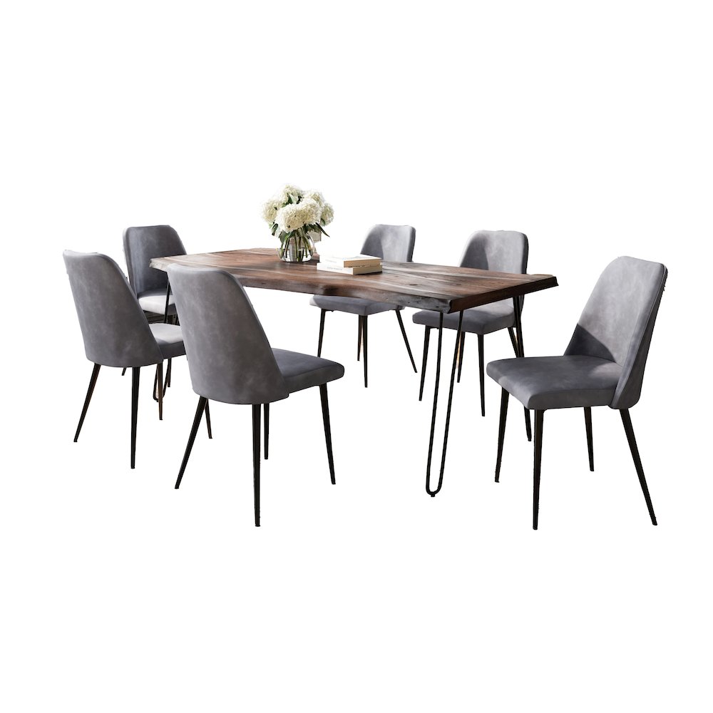 Seven Piece Solid Acacia Dining Set with Upholstered Mid-Century Modern Chairs