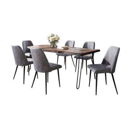 Seven Piece Solid Acacia Dining Set with Upholstered Mid-Century Modern Chairs