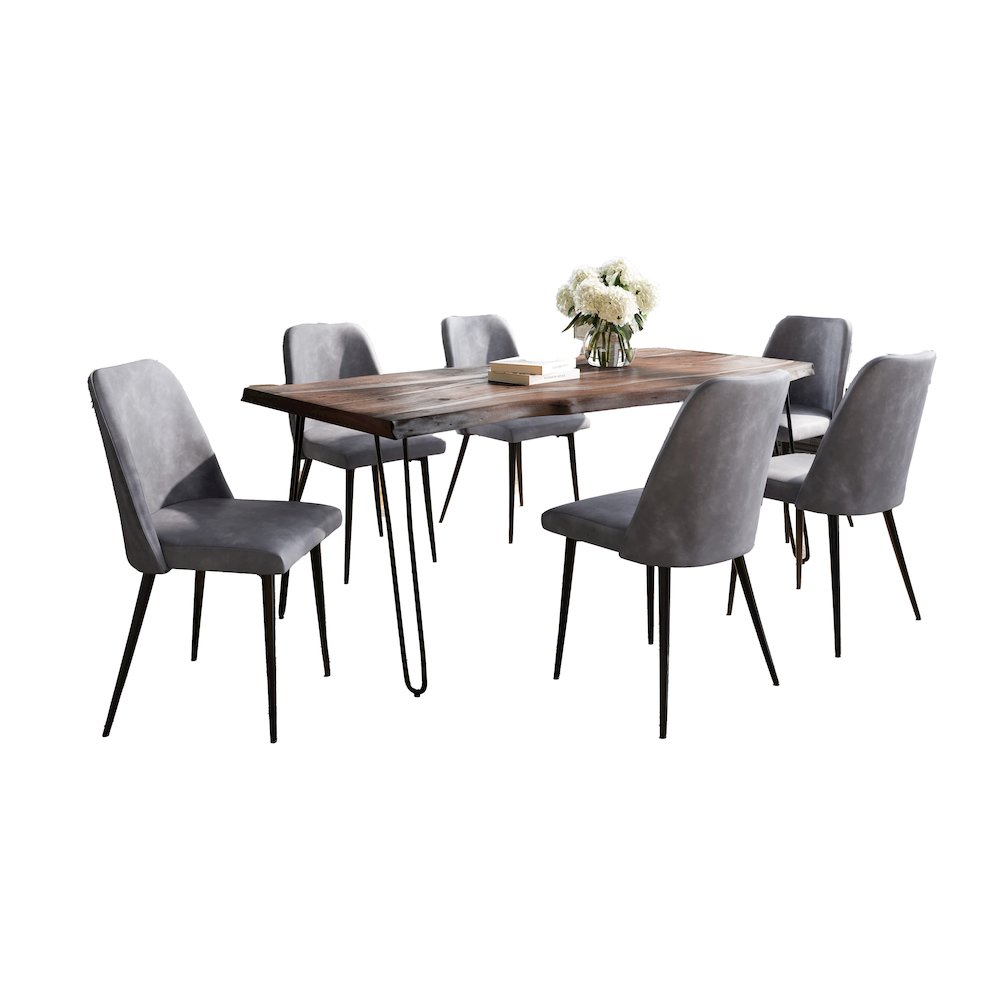 Seven Piece Solid Acacia Dining Set with Upholstered Mid-Century Modern Chairs