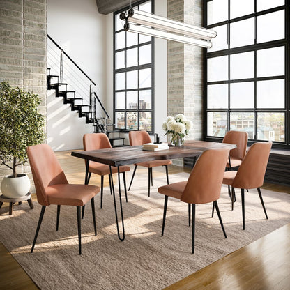 Seven Piece Solid Acacia Dining Set with Upholstered Mid-Century Modern Chairs