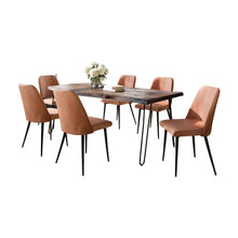 Seven Piece Solid Acacia Dining Set with Upholstered Mid-Century Modern Chairs
