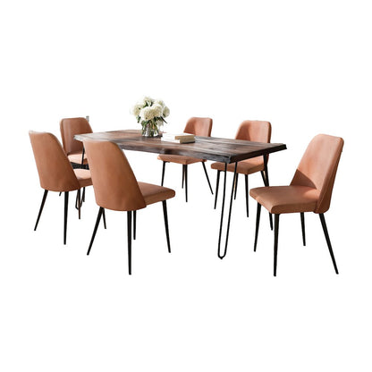 Seven Piece Solid Acacia Dining Set with Upholstered Mid-Century Modern Chairs