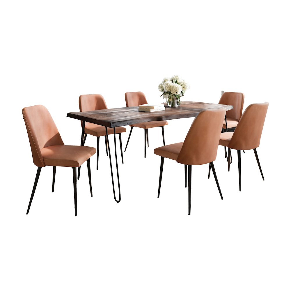 Seven Piece Solid Acacia Dining Set with Upholstered Mid-Century Modern Chairs