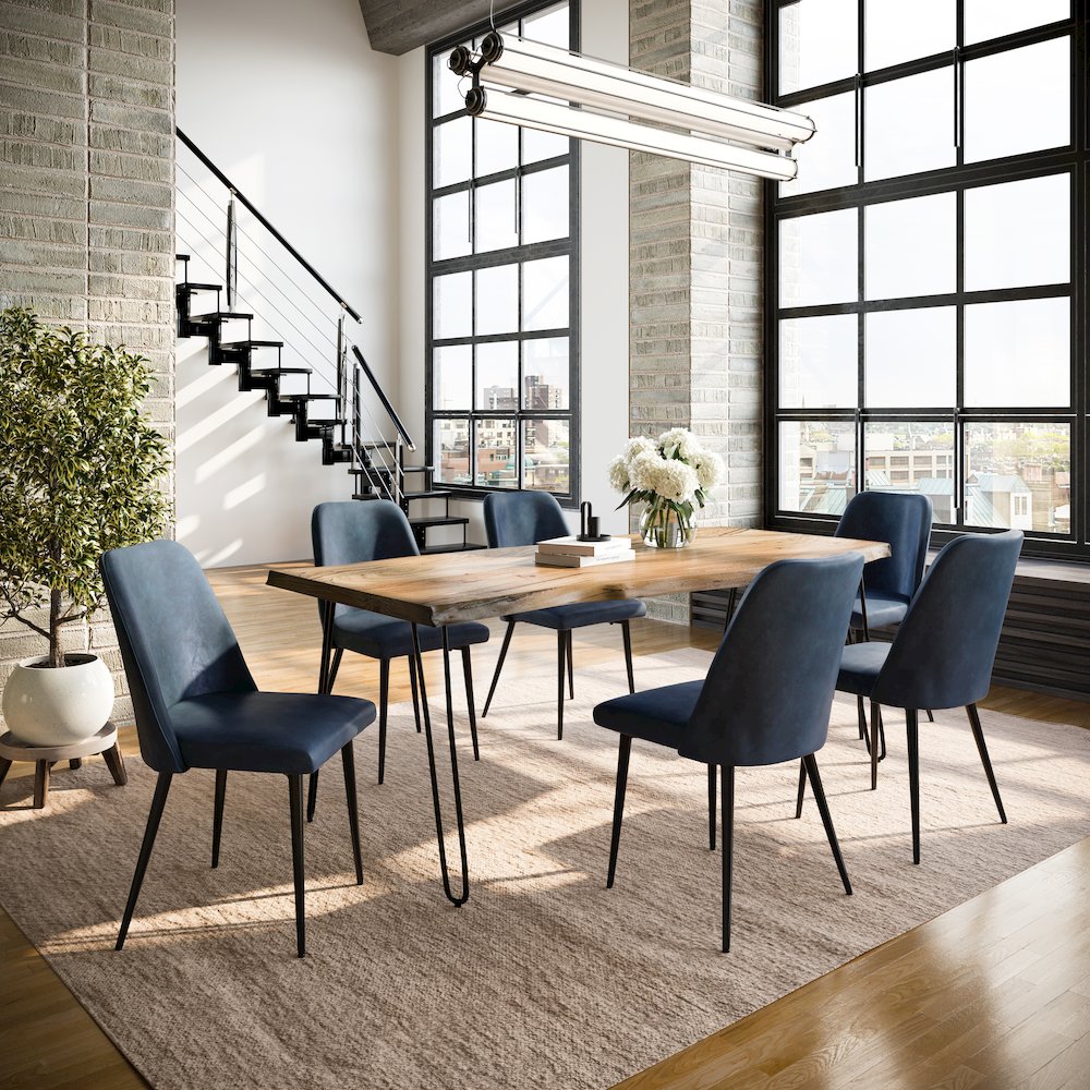 Seven Piece Solid Acacia Dining Set with Upholstered Mid-Century Modern Chairs