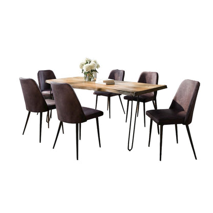 Seven Piece Solid Acacia Dining Set with Upholstered Mid-Century Modern Chairs