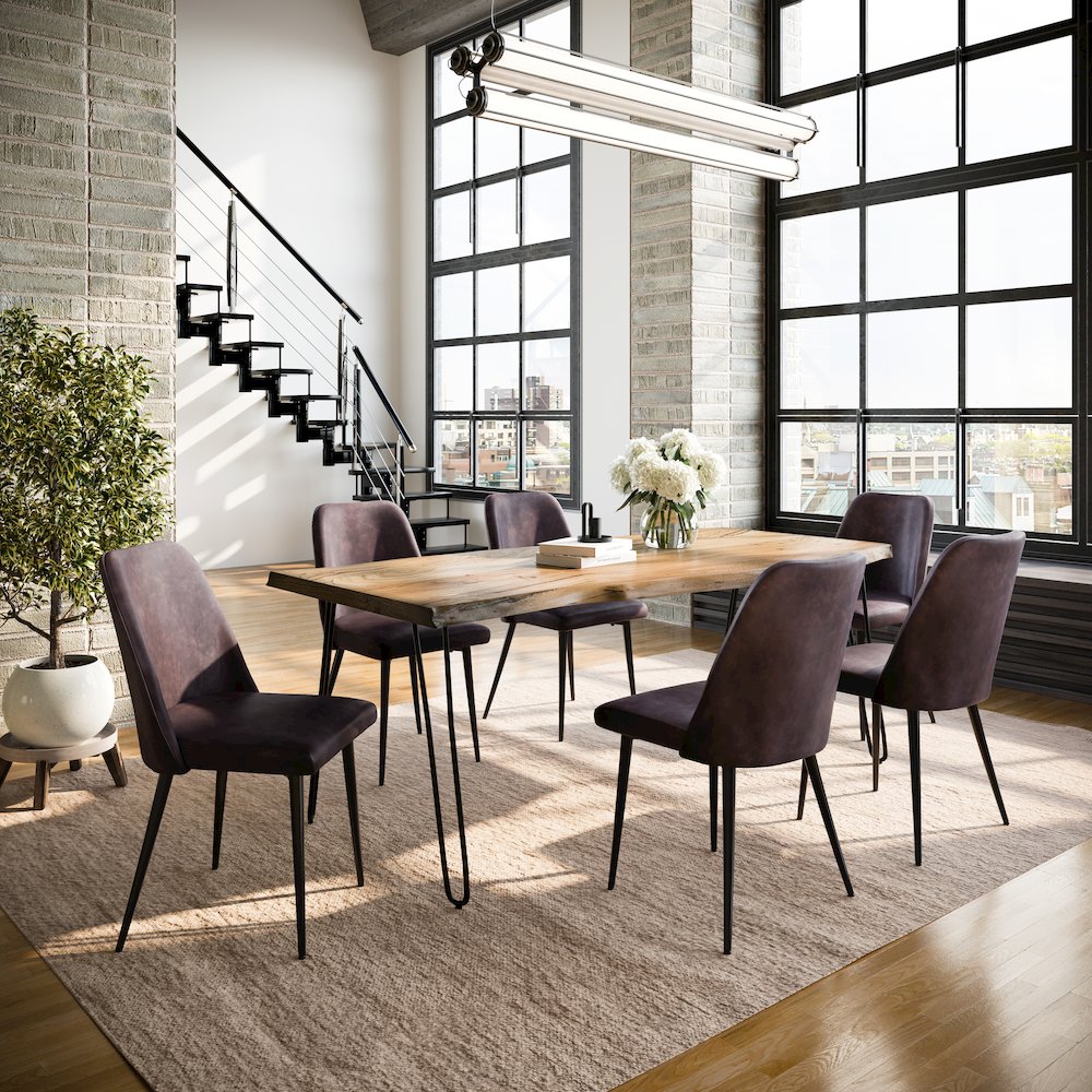 Seven Piece Solid Acacia Dining Set with Upholstered Mid-Century Modern Chairs