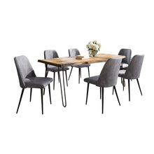 Seven Piece Solid Acacia Dining Set with Upholstered Mid-Century Modern Chairs