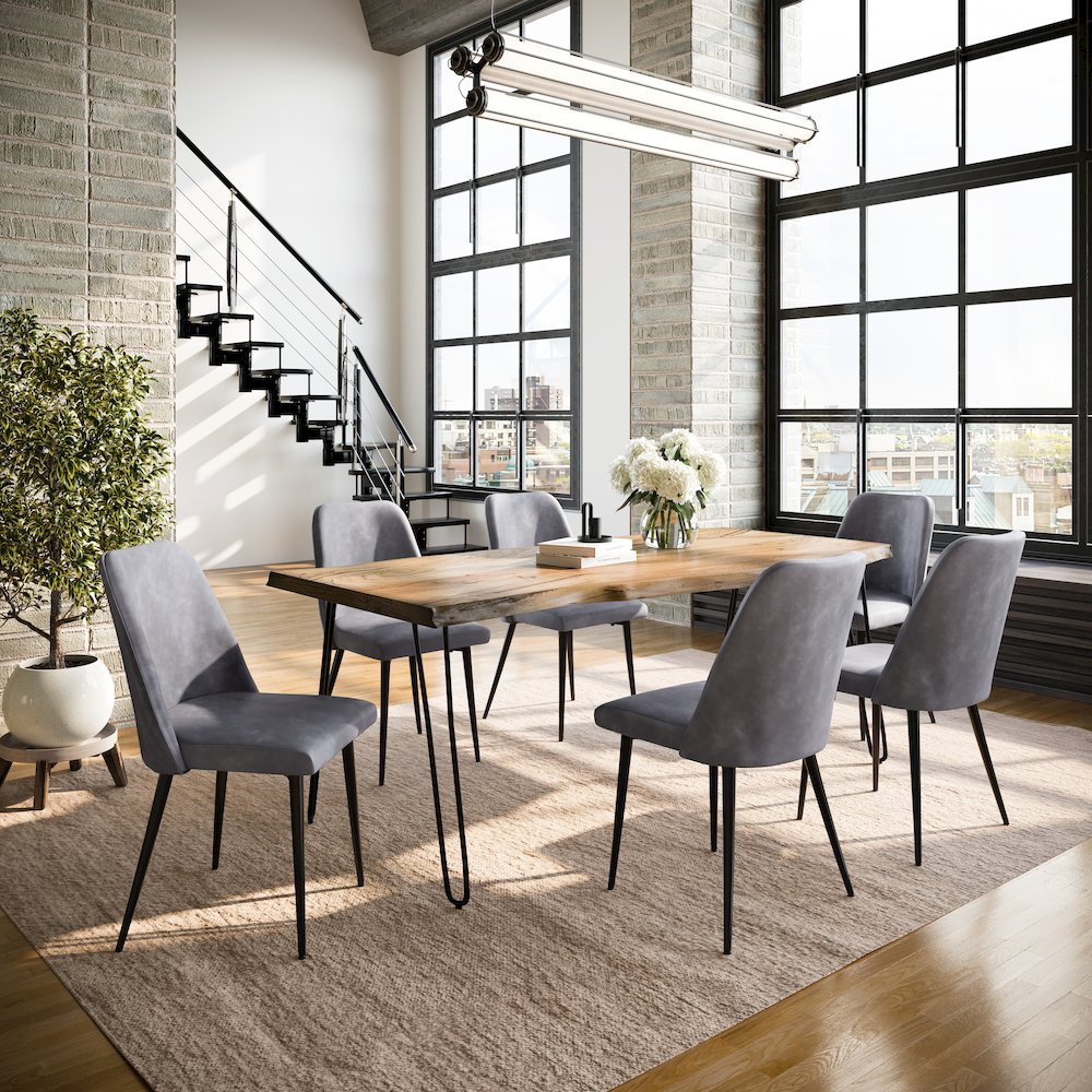 Seven Piece Solid Acacia Dining Set with Upholstered Mid-Century Modern Chairs