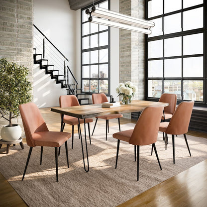 Seven Piece Solid Acacia Dining Set with Upholstered Mid-Century Modern Chairs