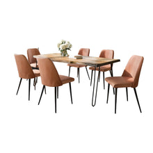 Seven Piece Solid Acacia Dining Set with Upholstered Mid-Century Modern Chairs