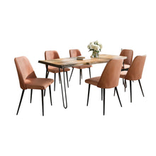 Seven Piece Solid Acacia Dining Set with Upholstered Mid-Century Modern Chairs