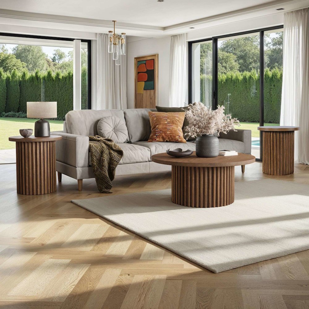 Auden Three Piece Mid-Century Modern Fluted Living Room Coffee and End Table Set