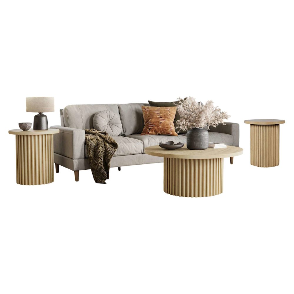Auden Three Piece Mid-Century Modern Fluted Living Room Coffee and End Table Set